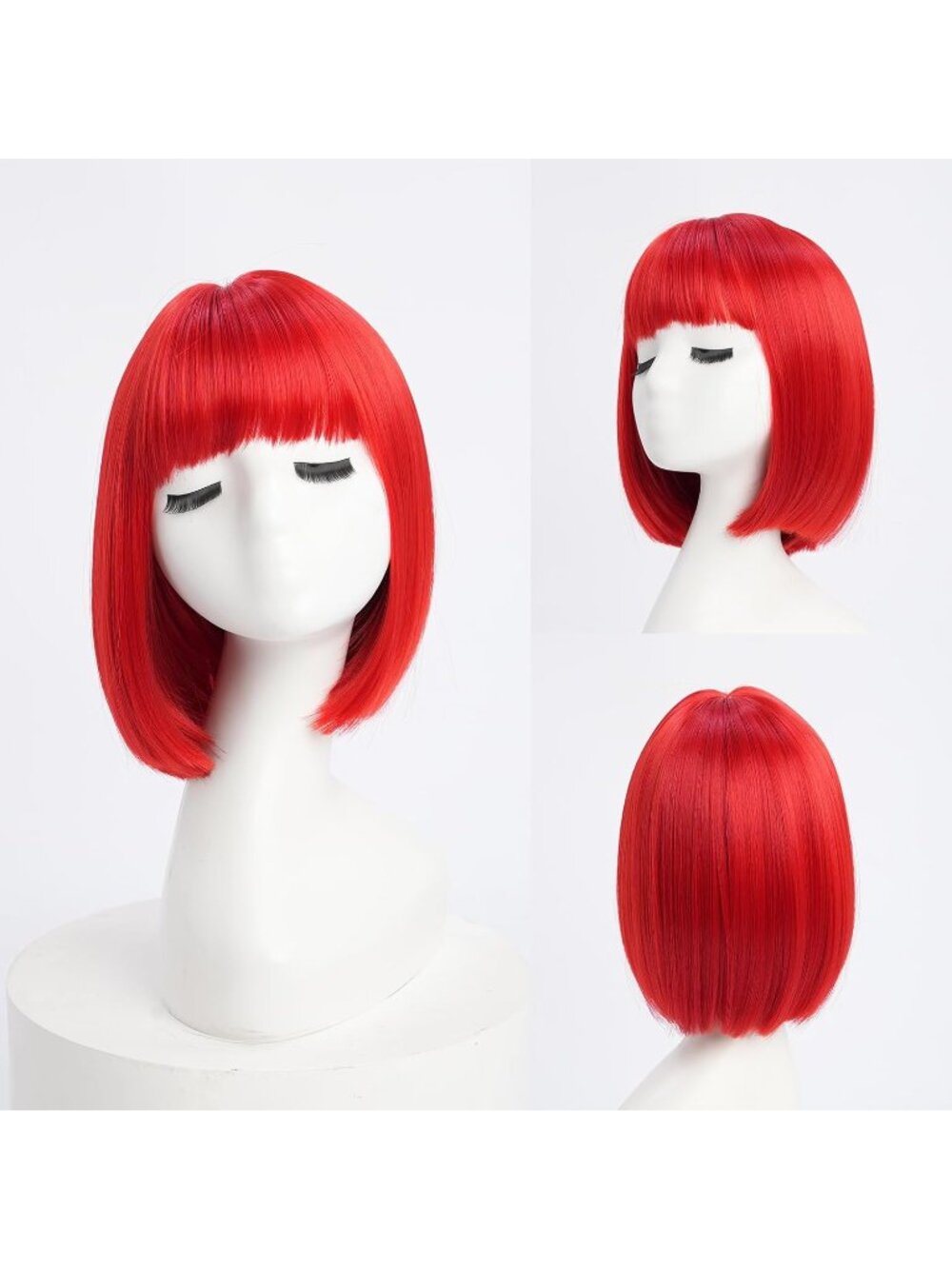 Women Red Heat Resistant Synthetic Straight Ombre Bob Wig Bangs 10 Inch